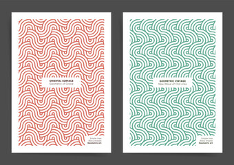 Geometric wavy pattern design for poster, book cover, brochure or background. Asian circles and waves geometric backgrounds set. Creative Abstract geometry shapes concept. Green and red background.