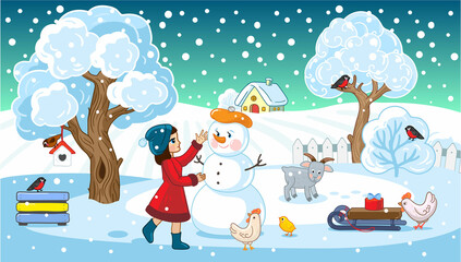 winter landscape of a farmer's field. Seasons of the year. Vector flat banner for the winter season or winter background. panorama of the landscape field of the farm. children make a snowman. 