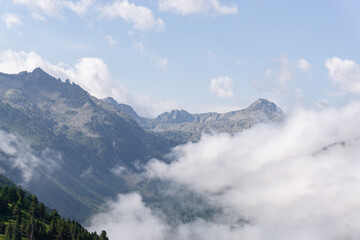Landscape of the mountain peaks of the Catalan Pyrenees between the clouds