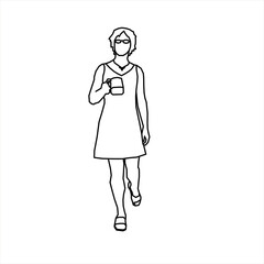 Vector design sketch of a teenage girl holding coffee