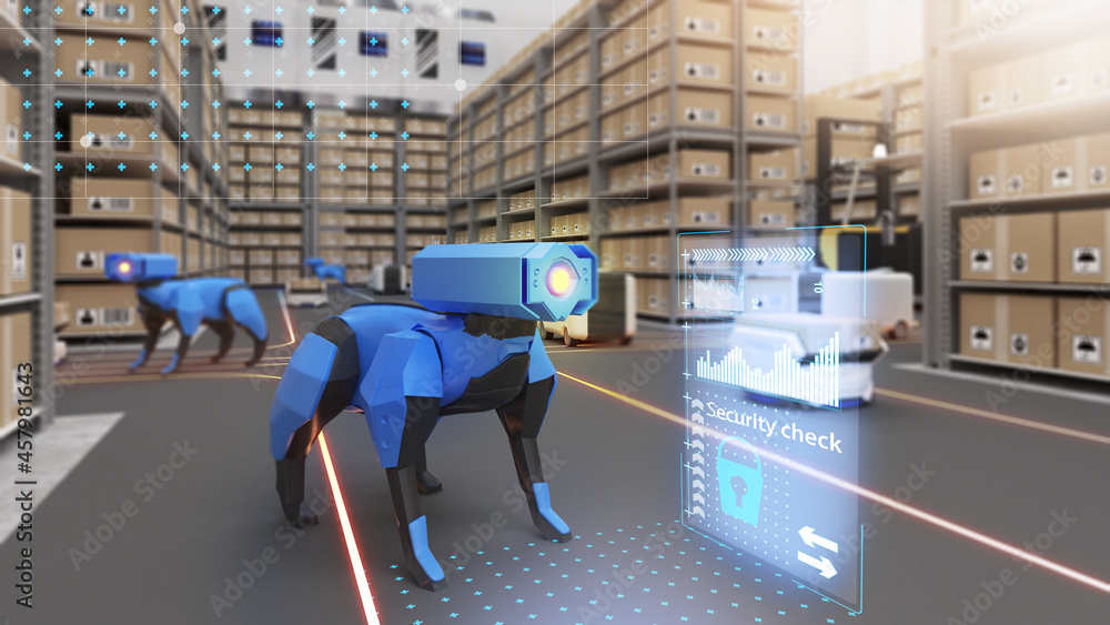 Aufkleber robots for securing warehouses,security check,3d rendering