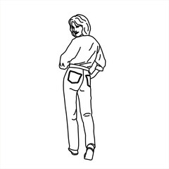 Vector design sketch of a teenage girl posing looking back