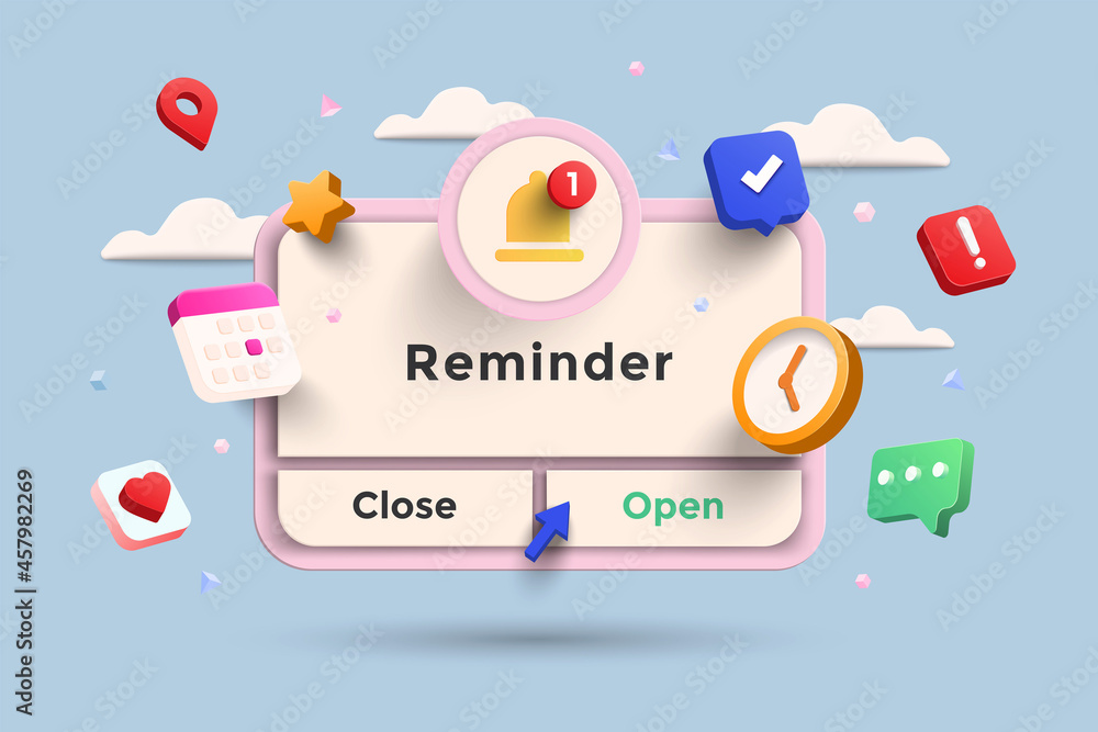 Poster reminder 3d illustration, notifications page with floating elements. business planning ,events, remi