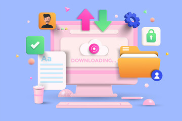 File transfer, Data Sharing Service, Digital Document Transfer Concept with 3d shapes, folder, cog, cloud, infographic on blue background. 3d Vector Illustration