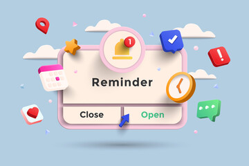 Reminder 3D Illustration, Notifications page with floating elements. Business planning ,events, reminder and timetable with 3d rendering. Vector Illustration.