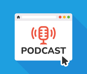 Microphone with browser window icon. Podcast, streaming icon.