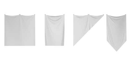 White pennant flags, mockup medieval hanging textile pennons different shapes for sport teams. Realistic set blank vertical isolated banners of silk fabric or stretch material, 3d render