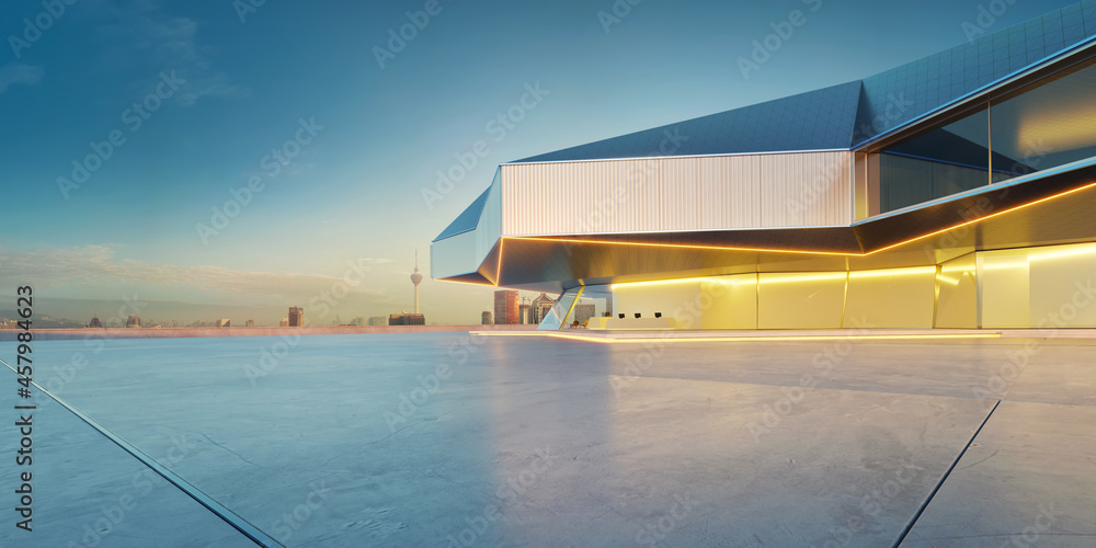 Wall mural Perspective view of empty cement floor with steel and glass modern building exterior