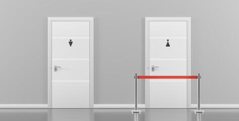 Public toilet doors for male and female with metal barrier and red belt fence in hallway. Realistic interior with closed entrance in wc room for women, in building airport, hotel or mall, 3d render
