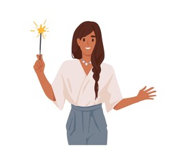 Happy woman with festive Christmas sparkler in hands, celebrate holiday. Office worker holding glowing sparkling firework light with sparks. Flat vector illustration isolated on white background