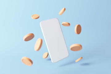 Mock up smartphone surrounded by golden coin on blue background, Blank mobile phone. 3d render.