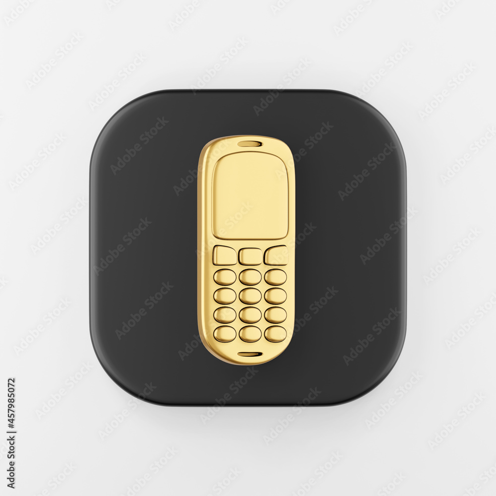 Poster golden mobile phone icon. 3d rendering black square key button, interface ui ux element.