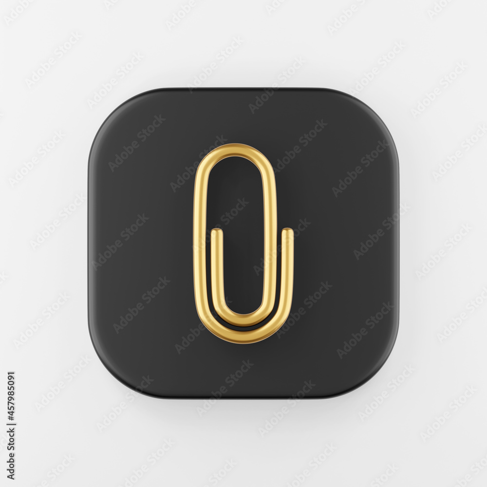 Poster gold paper clip icon. 3d rendering black square button key, interface ui ux element.