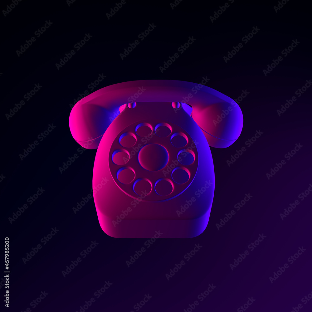 Poster neon vintage telephone icon. 3d rendering ui ux interface element. dark glowing symbol.