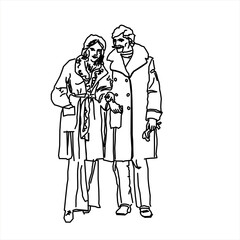 Vector design of sketch of a husband and wife wearing couple clothes
