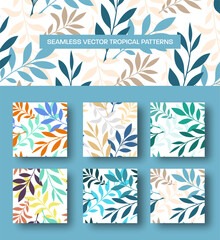 Fototapeta na wymiar Vector tropical background with monstera leaves, palm trees, twigs, seamless pattern with creative presentation