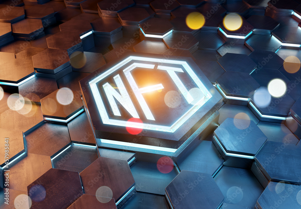 Poster NFT nonfungible tokens concept on hexagonal background. NFT Logo on abstract digital surface. 3d rendering