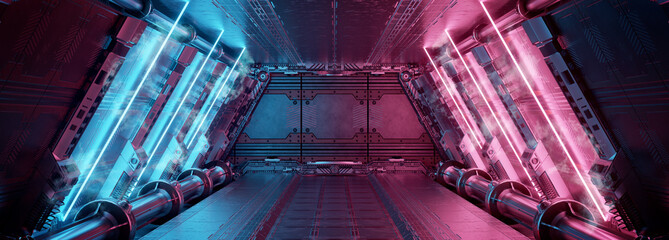 Blue and pink spaceship interior with neon lights on panel walls. Futuristic corridor in space station background. 3d rendering © sdecoret