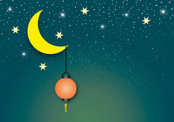 Moon with lantern on night shining starry sky, Concept for mid autumn festival and greeting card, Space for the text, Paper art design style.