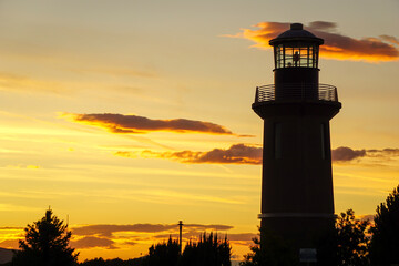 Lighthouse on Columbia river in Washington state at sunset