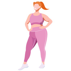 vector illustration a plus size girl in a sports uniform (leggings and a sports bra) trains, does fitness in a good mood isolated on a white background. useful for advertising sports studios, programs