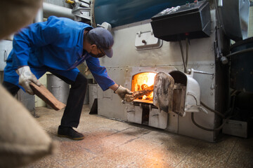 Side view of worker putting firewood into furnace. Interior of coffee production workshop with set up roasting machine. Coffee manufacturing process. Production, industry concept