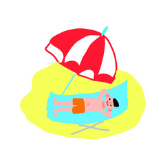 ビーチパラソルの下で寝ている水着姿の男性