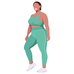 Fototapeta premium vector illustration a plus size girl in a sports uniform (leggings and a sports bra) trains, does fitness in a good mood isolated on a white background. useful for advertising sports studios, programs