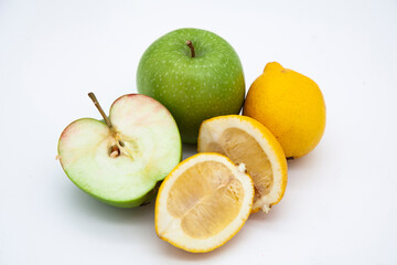 Vitamin C berries. Green apple and yellow lemon. Vitamin C store. Vitamin friends.