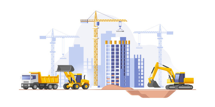 Construction site, building a house. Real estate business. Vector illustration.