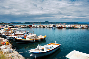 Fototapeta premium Boats moored at the Urla Kalabak harbor in Izmir, Turkey.