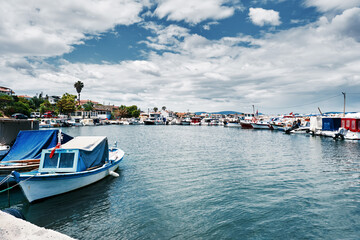 Fototapeta na wymiar Boats moored at the Urla Kalabak harbor in Izmir, Turkey.
