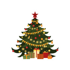 Christmas tree with  gifts balls lights merry xmas celebration happy new year decoration vector illustration.