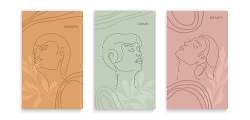 Trendy continuous line portraits of women with floral decoration. Modern minimalistic style. Lineart design. Vector template