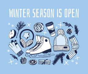 Christmas card with racing skates, fur headphones, hat, glove. Hand drawn fashion illustration. Creative ink art work. Actual Winter cozy vector drawing Ice Skating