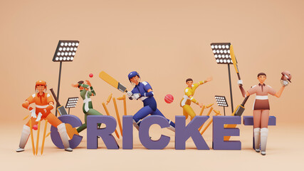 3D Cricket Text With Cricketer Players In Playing Poses And Stadium Lights On Beige Background.