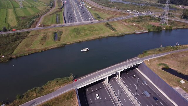 Aerial view of an aquaduct over highway A1 near Weesp, the Netherlands