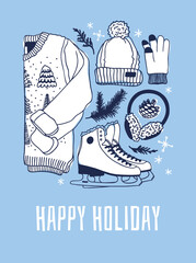 Hand drawn set with Ice Skating Things. Winter Sport vector background. Actual fashion illustration. Original doodle style drawing. Creative ink art work