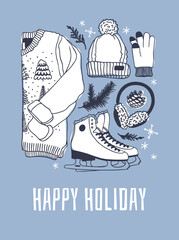 Obraz premium Hand drawn set with Ice Skating Things. Winter Sport vector background. Actual fashion illustration. Original doodle style drawing. Creative ink art work