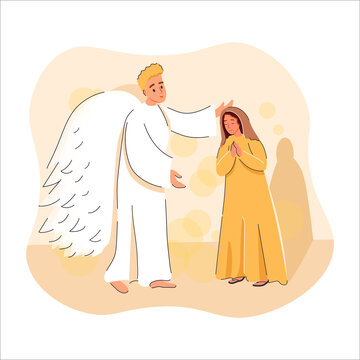 Virgin Mary with angel biblical vector illustration. Annunciation of the Blessed Virgin Mary. Angel Gabriel visits Mary and tells that she will be pregnant. Birth of Jesus Christ. Christian Nativity.