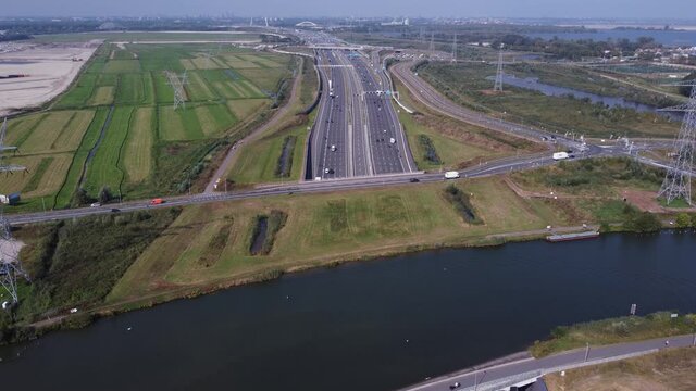 Aerial view of an aquaduct over highway A1 near Weesp, the Netherlands