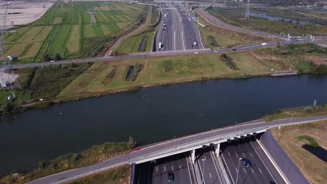 Aerial view of an aquaduct over highway A1 near Weesp, the Netherlands