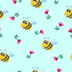 Seamless pattern children. Yellow bumblebee, pink and red flower with green leaves. Blue background. Cartoon style. Cute and funny. Summer or spring. Textile, wrapping paper, scrapbokking, wallpaper