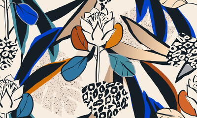 Hand drawn floral trendy abstract pattern with leopard skin. Fashionable template for design. Modern cartoon style.  © MURRIRA