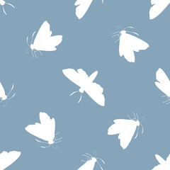 Vector white butterfly on delft blue background. Seamless pattern backdrop with varied silhouettes of butterflies. Simple flying bugs scattered design. All over print for baby shower, wellness