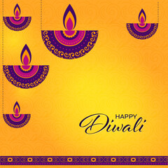 Happy Diwali Celebration Concept With Orient Lit Oil Lamps (Diya) On Yellow Mandala Pattern Background.