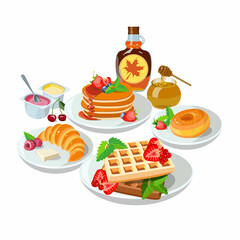 Sample breakfast desserts: pancakes, maple syrup, honey, donut. Classic hotel set with belgian waffles, yogurt, croissant for menu poster. Brunch healthy start day options food. Vector illustration.