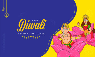 Happy Diwali Celebration Concept With Lord Ganesha And Goddess Lakshmi Statue On Yellow And Blue Background.
