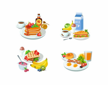 Breakfast banners template food design with different samples of set products. Pancakes with maple syrup, sandwiches with toast, donut waffles with milk, eggs and yogurt. Vector illustration.