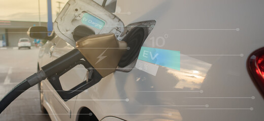Electric cars, EVs, charging energy with modern technology, displaying UI control information, car filling stations, connecting wires, sustainable alternative energy.